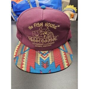 Vintage Fish House Eat Fish Hat Cap Snap Back Mens One Size Aztec YoungAn 90s